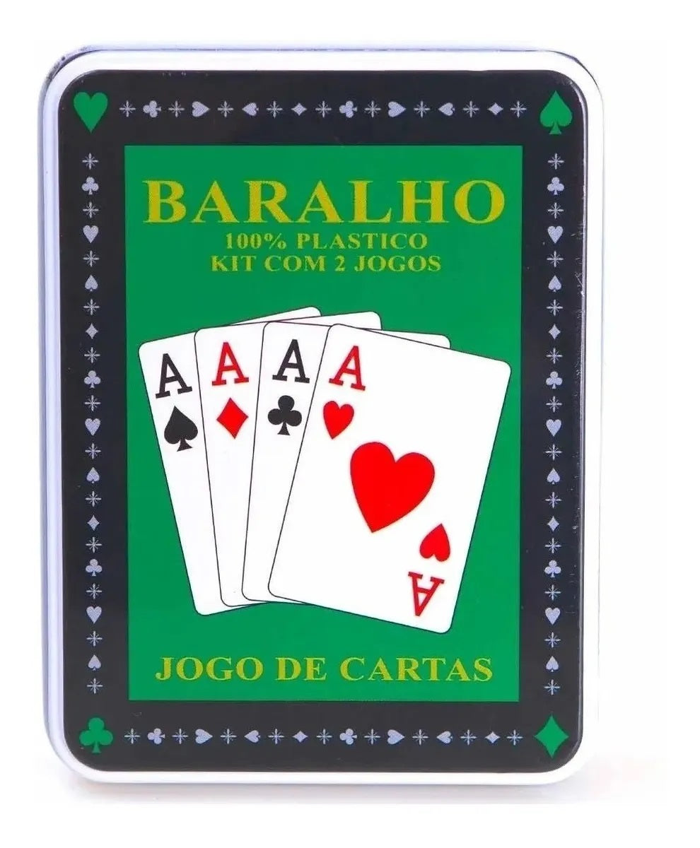 Jogos De Baralhos 100% Plastico Caixa Lata Metal Kit Com 2